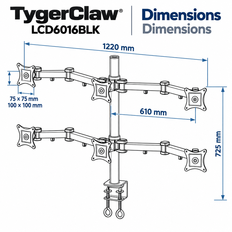 TygerClaw Support de bureau pour 6 moniteurs de 13 à 24 po, bras articulés - Simple Boutique