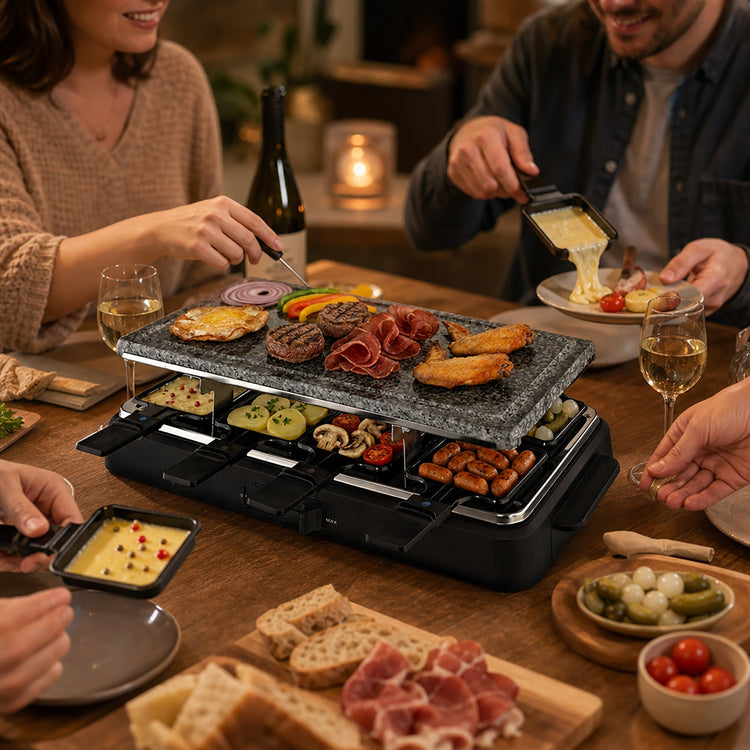 VerAroma Appareil à raclette et grill électrique 2-en-1 avec pierre et plaque réversible, 8 poêlons - Simple Boutique