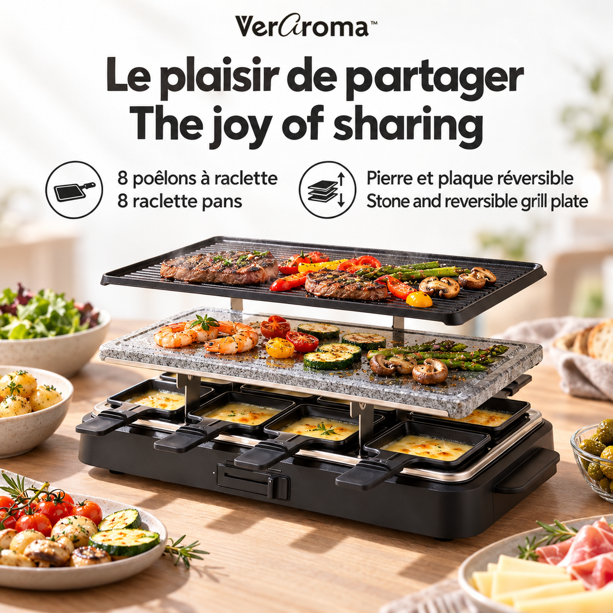 8 poêlons, pierre et plaque réversible / 8 raclette pans, stone and reversible grill plate