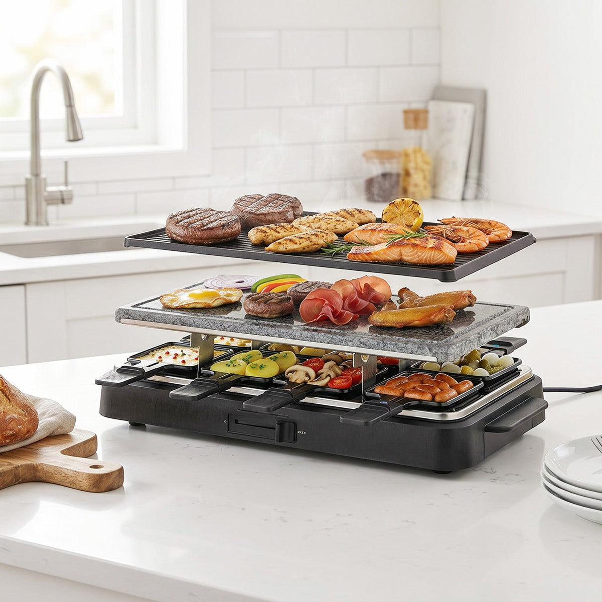 VerAroma Appareil à raclette et grill électrique 2-en-1 avec pierre et plaque réversible, 8 poêlons - Simple Boutique