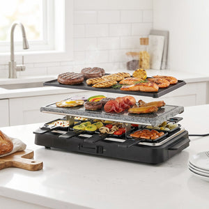 VerAroma Appareil à raclette et grill électrique 2-en-1 avec pierre et plaque réversible, 8 poêlons - Simple Boutique