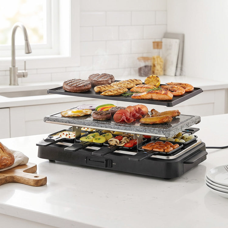 VerAroma Appareil à raclette et grill électrique 2-en-1 avec pierre et plaque réversible, 8 poêlons - Simple Boutique