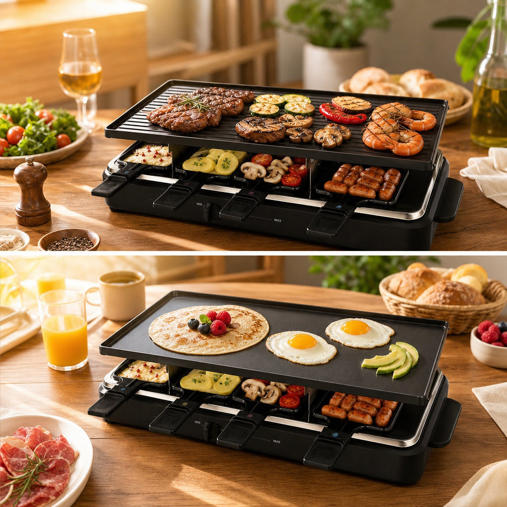 VerAroma Appareil à raclette et grill électrique 2-en-1 avec pierre et plaque réversible, 8 poêlons - Simple Boutique