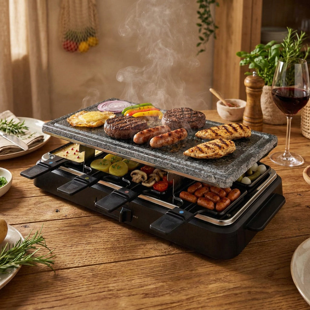 VerAroma Appareil à raclette et grill électrique 2-en-1 avec pierre et plaque réversible, 8 poêlons - Simple Boutique