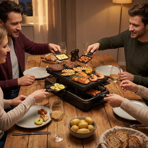 VerAroma Appareil à raclette et grill électrique 2-en-1 avec pierre et plaque réversible, 8 poêlons - Simple Boutique