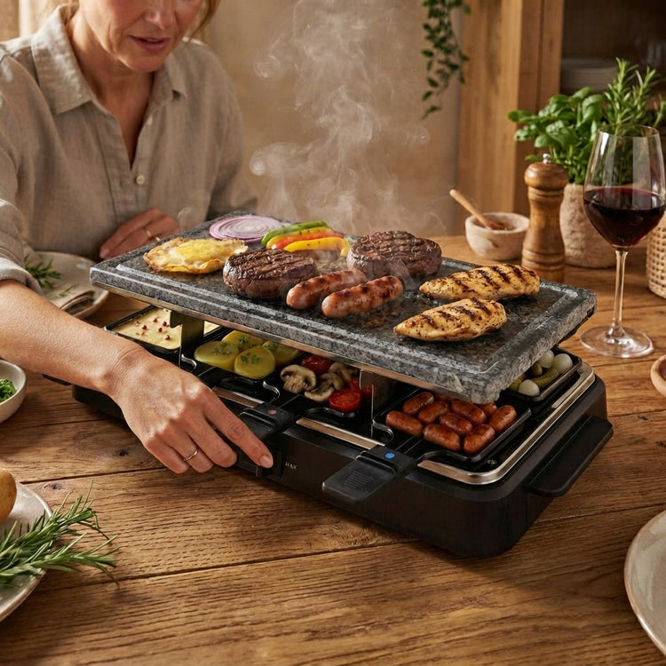 VerAroma Appareil à raclette et grill électrique 2-en-1 avec pierre et plaque réversible, 8 poêlons - Simple Boutique