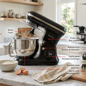 VerAroma Batteur sur socle avec écran tactile numérique à DEL - 650 W, 8 vitesses, bol en acier inoxydable de 5 L - Simple Boutique