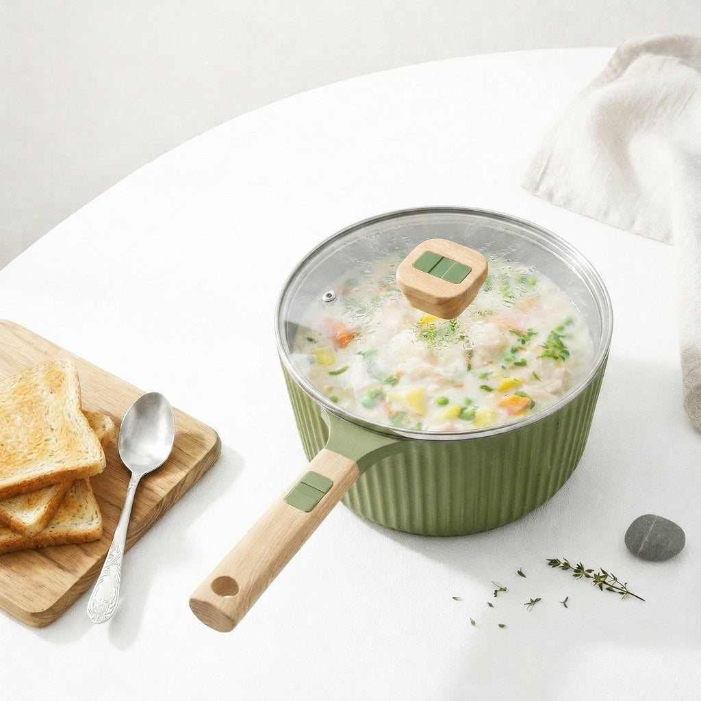 VerAroma Casserole en céramique cannelée en fonte avec couvercle en verre, 18 cm, 1,8 L, Vert olive - Simple Boutique