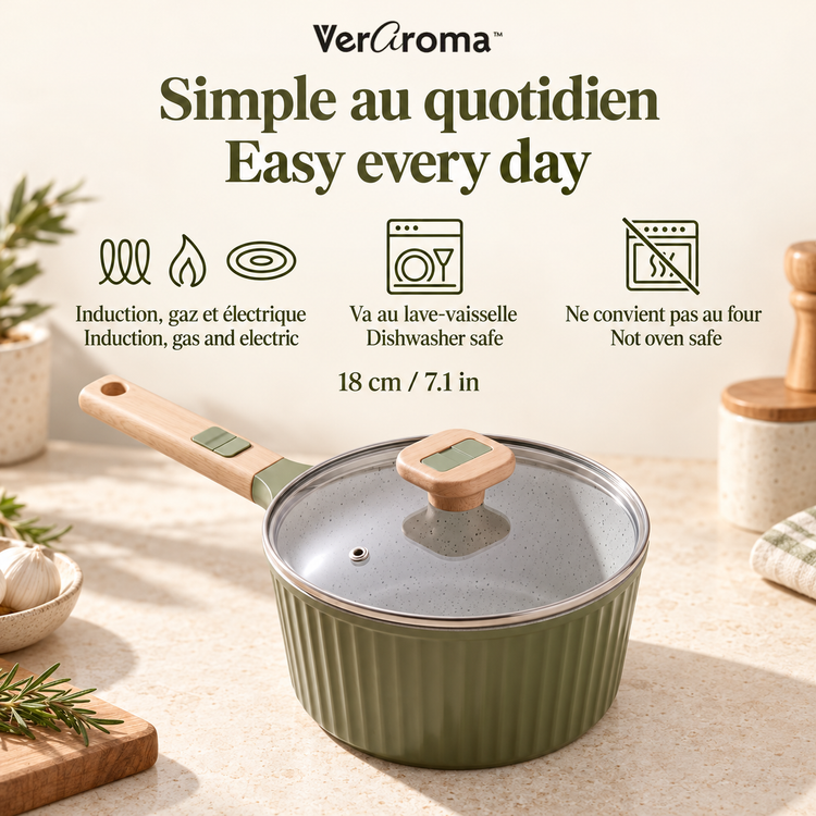 VerAroma Casserole en céramique cannelée en fonte avec couvercle en verre, 18 cm, 1,8 L, Vert olive - Simple Boutique