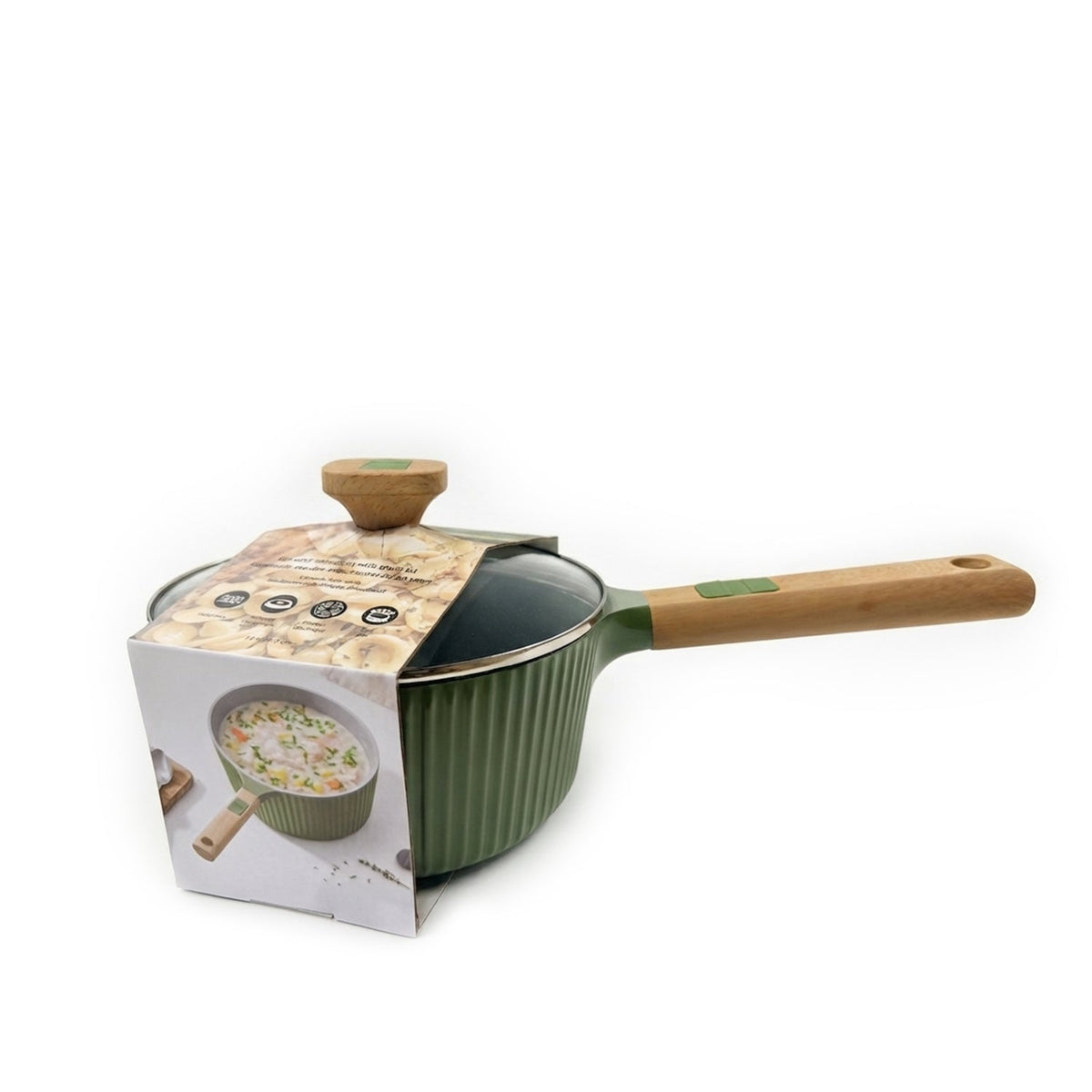 VerAroma Casserole en céramique cannelée en fonte avec couvercle en verre, 18 cm, 1,8 L, Vert olive - emballage - Simple Boutique