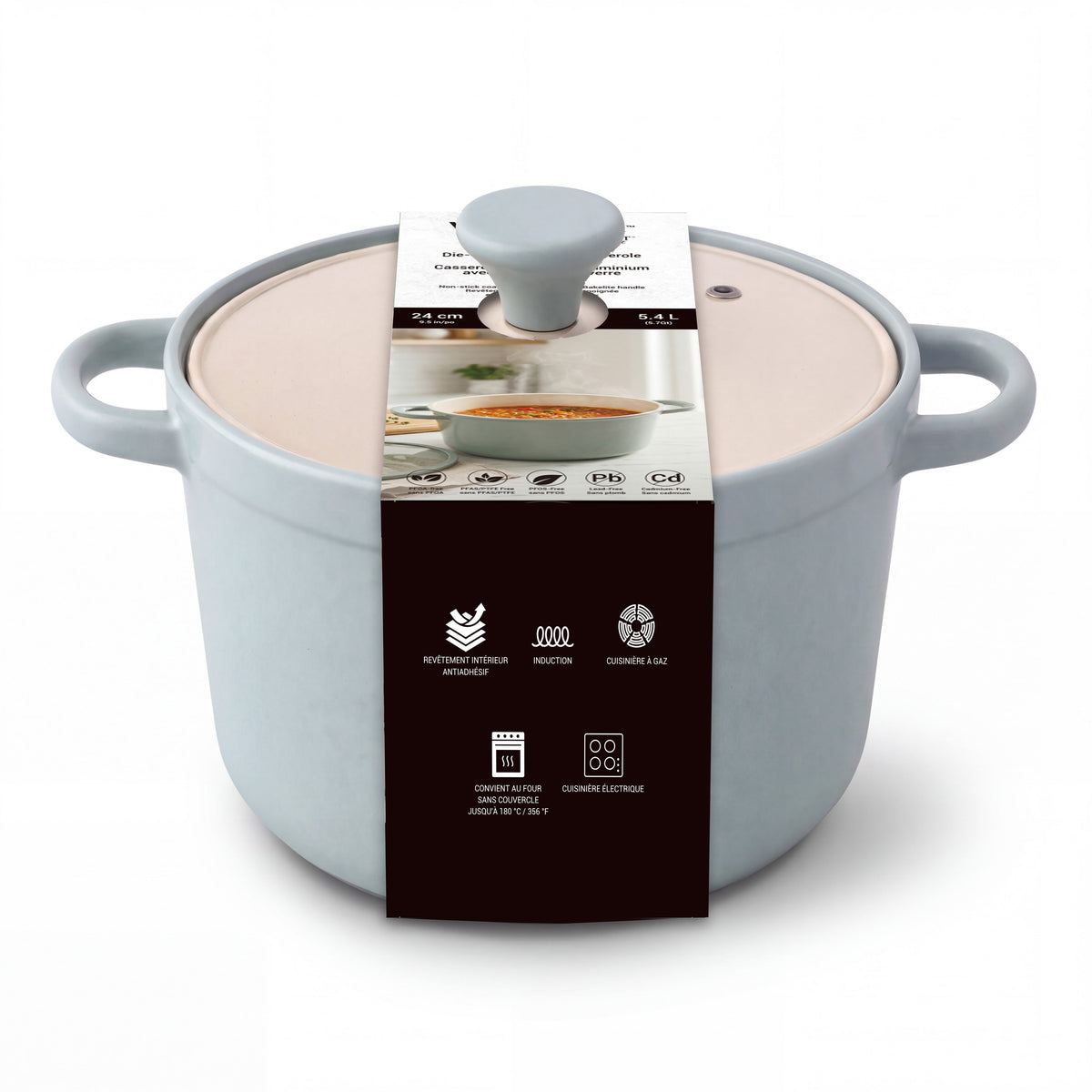 VerAroma Cocotte en aluminium moulé sous pression antiadhésive avec couvercle en verre - 24 cm, 5.4 L - emballage - Simple Boutique