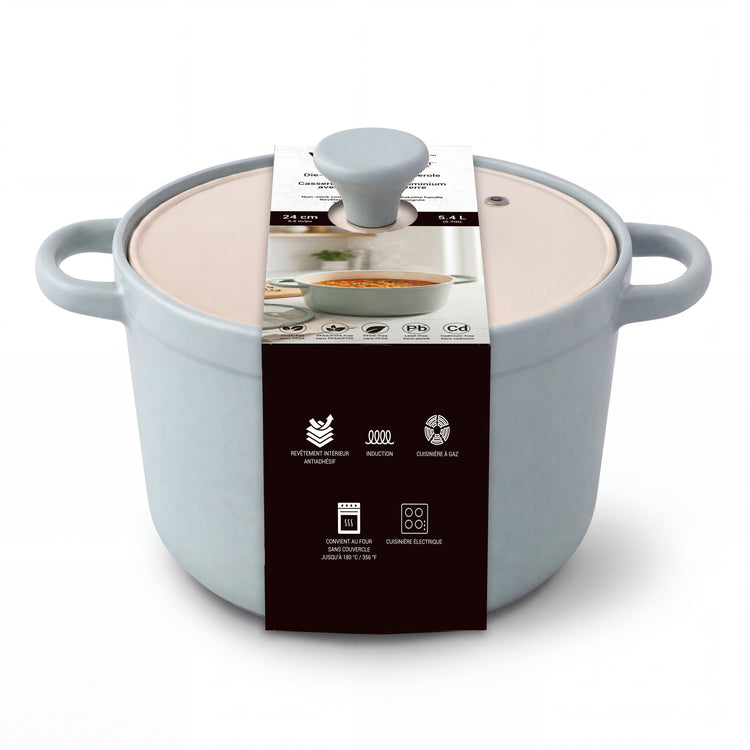 VerAroma Cocotte en aluminium moulé sous pression antiadhésive avec couvercle en verre - 24 cm, 5.4 L - emballage - Simple Boutique