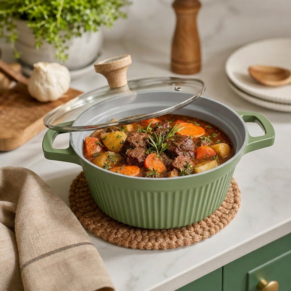 VerAroma Cocotte en céramique cannelée en fonte avec couvercle en verre, 20 cm, 2,2 L - Simple Boutique