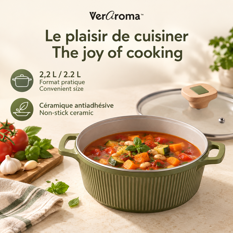 VerAroma Cocotte en céramique cannelée en fonte avec couvercle en verre, 20 cm, 2,2 L, Vert olive - Simple Boutique
