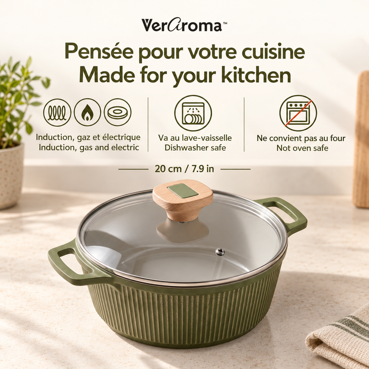 VerAroma Cocotte en céramique cannelée en fonte avec couvercle en verre, 20 cm, 2,2 L, Vert olive - Simple Boutique