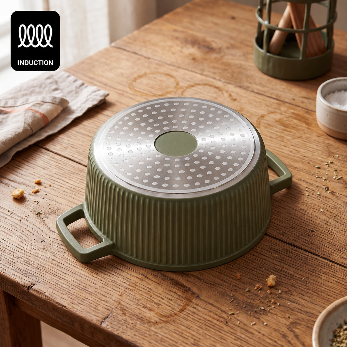 VerAroma Cocotte en céramique cannelée en fonte avec couvercle en verre, 20 cm, 2,2 L, Vert olive - Simple Boutique