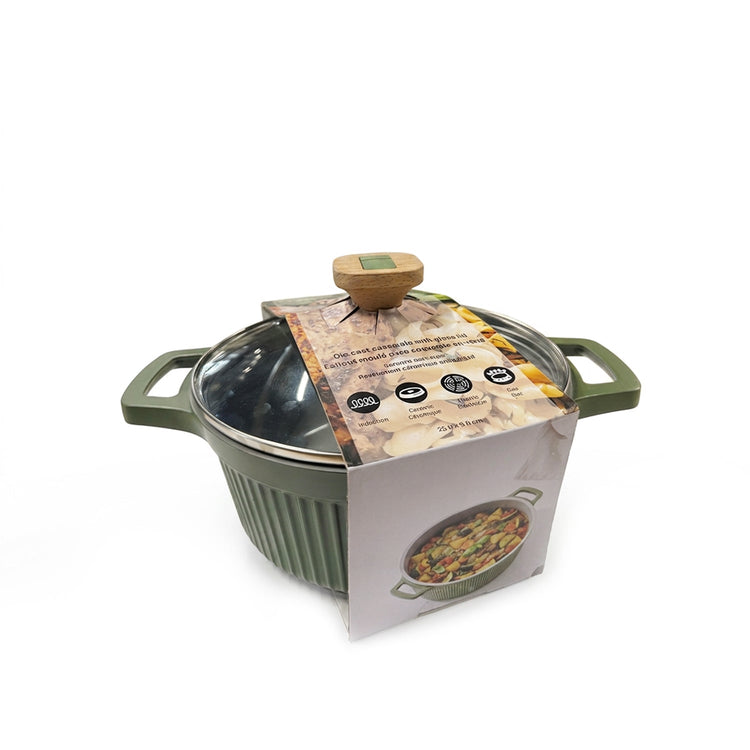 VerAroma Cocotte en céramique cannelée en fonte avec couvercle en verre, 20 cm, 2,2 L, Vert olive - emballage - Simple Boutique