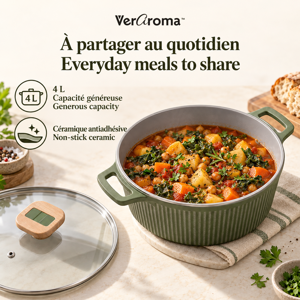 VerAroma Cocotte en céramique cannelée moulée sous pression avec couvercle en verre, 24 cm, 4,0 L, Vert olive - Simple Boutique