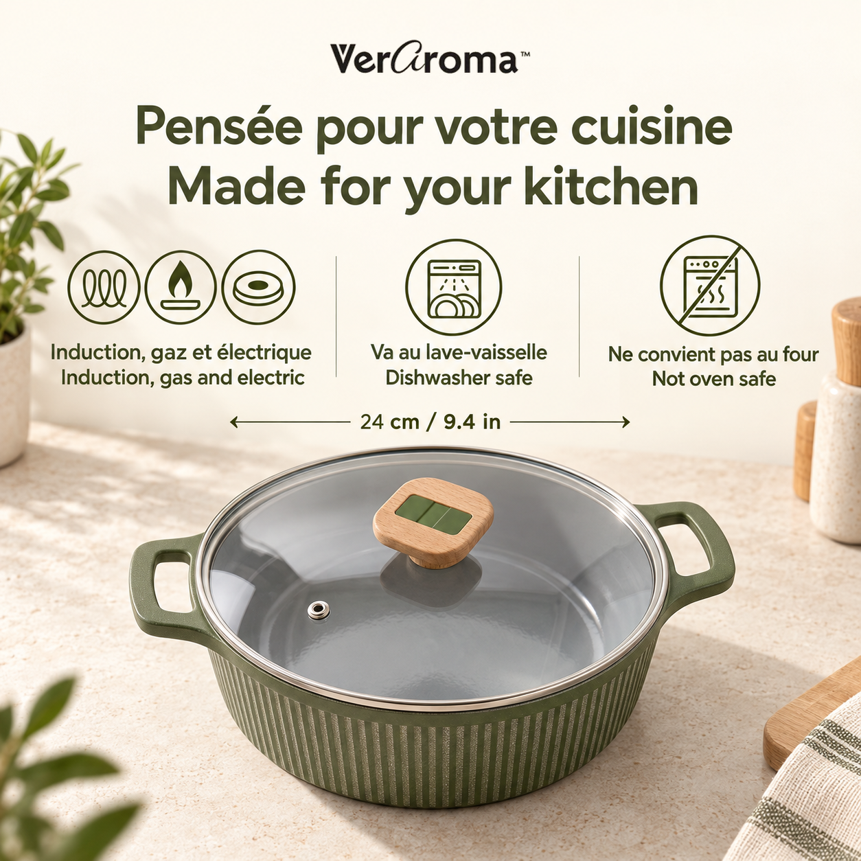 VerAroma Cocotte en céramique cannelée moulée sous pression avec couvercle en verre, 24 cm, 4,0 L, Vert olive - Simple Boutique