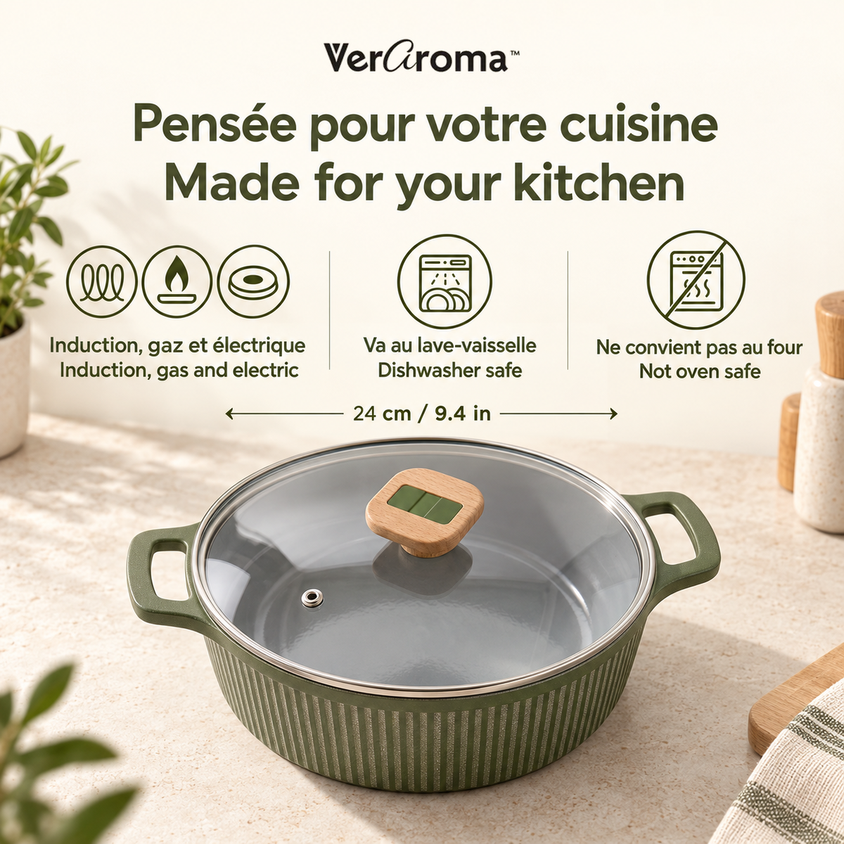 VerAroma Cocotte en céramique cannelée moulée sous pression avec couvercle en verre, 24 cm, 4,0 L, Vert olive - Simple Boutique