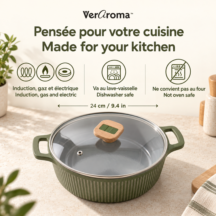 VerAroma Cocotte en céramique cannelée moulée sous pression avec couvercle en verre, 24 cm, 4,0 L, Vert olive - Simple Boutique