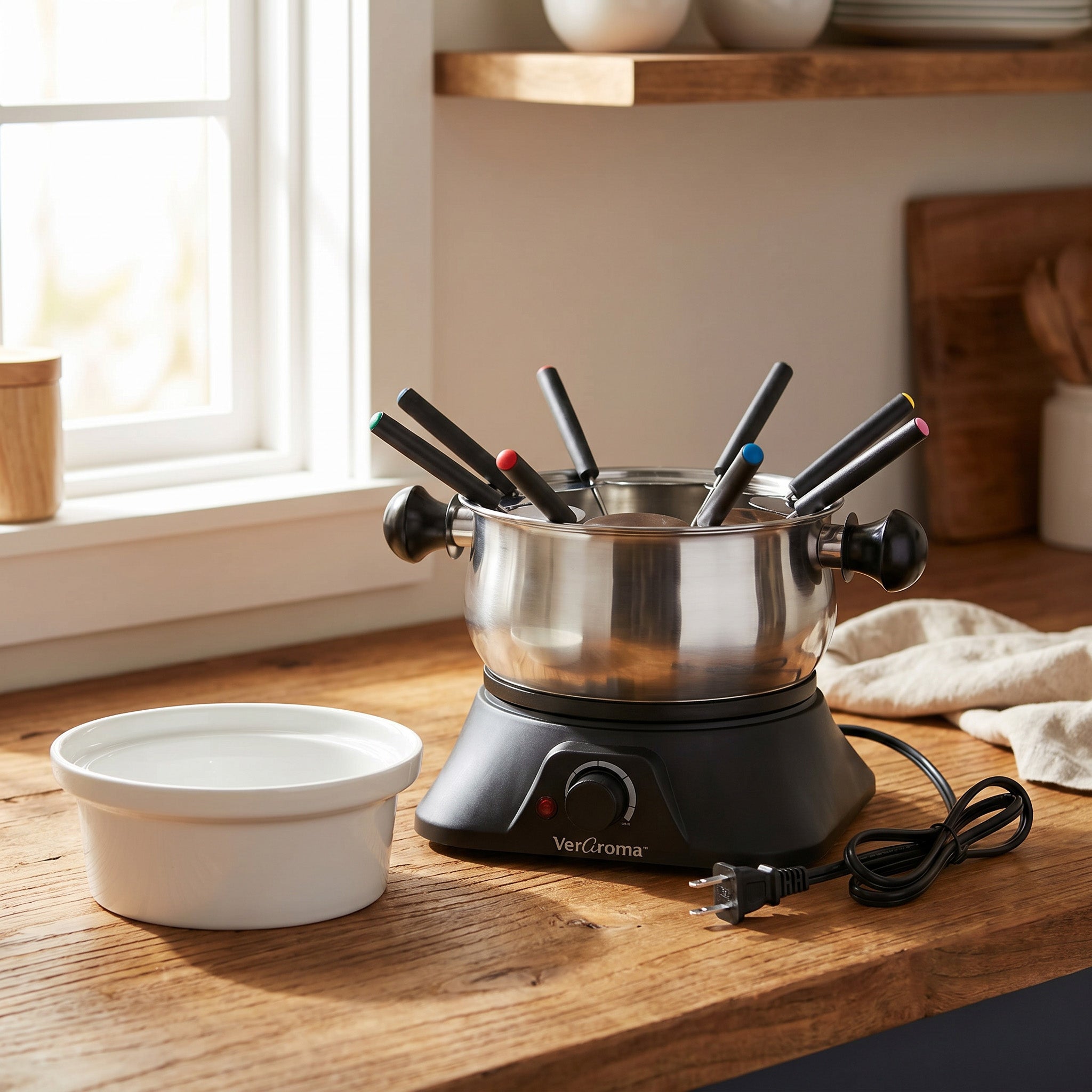VerAroma Ensemble à fondue électrique 3-en-1 en acier inoxydable avec bain-marie en céramique, 13 pièces - Simple Boutique