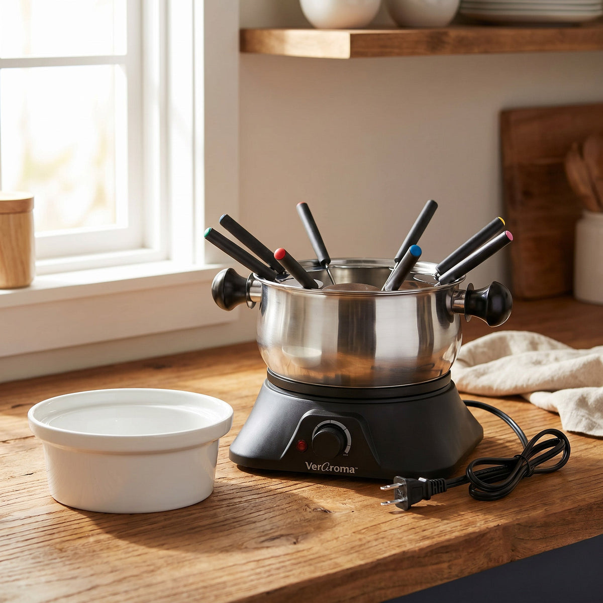 VerAroma Ensemble à fondue électrique 3-en-1 en acier inoxydable avec bain-marie en céramique, 13 pièces - Simple Boutique
