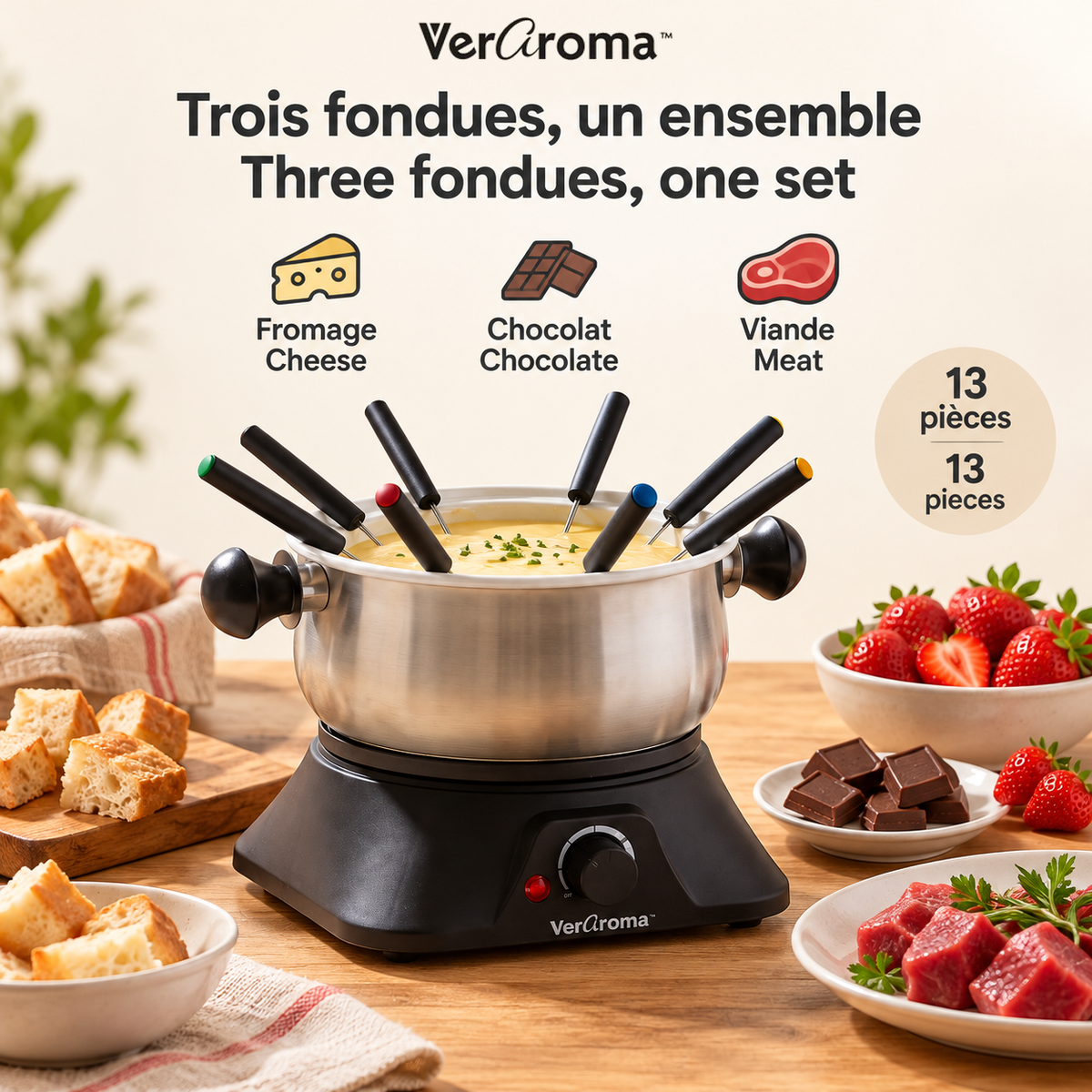 Fondue 3-en-1, fromage, chocolat, viande; 13 pièces / 3-in-1 fondue, cheese, chocolate, meat; 13 pieces
