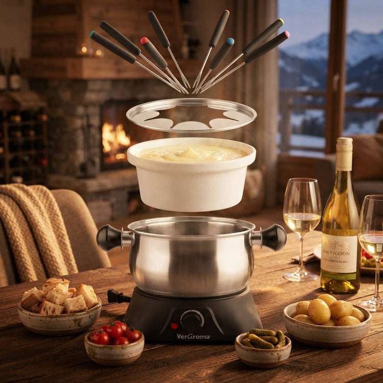 VerAroma Ensemble à fondue électrique 3-en-1 en acier inoxydable avec bain-marie en céramique, 13 pièces - Simple Boutique