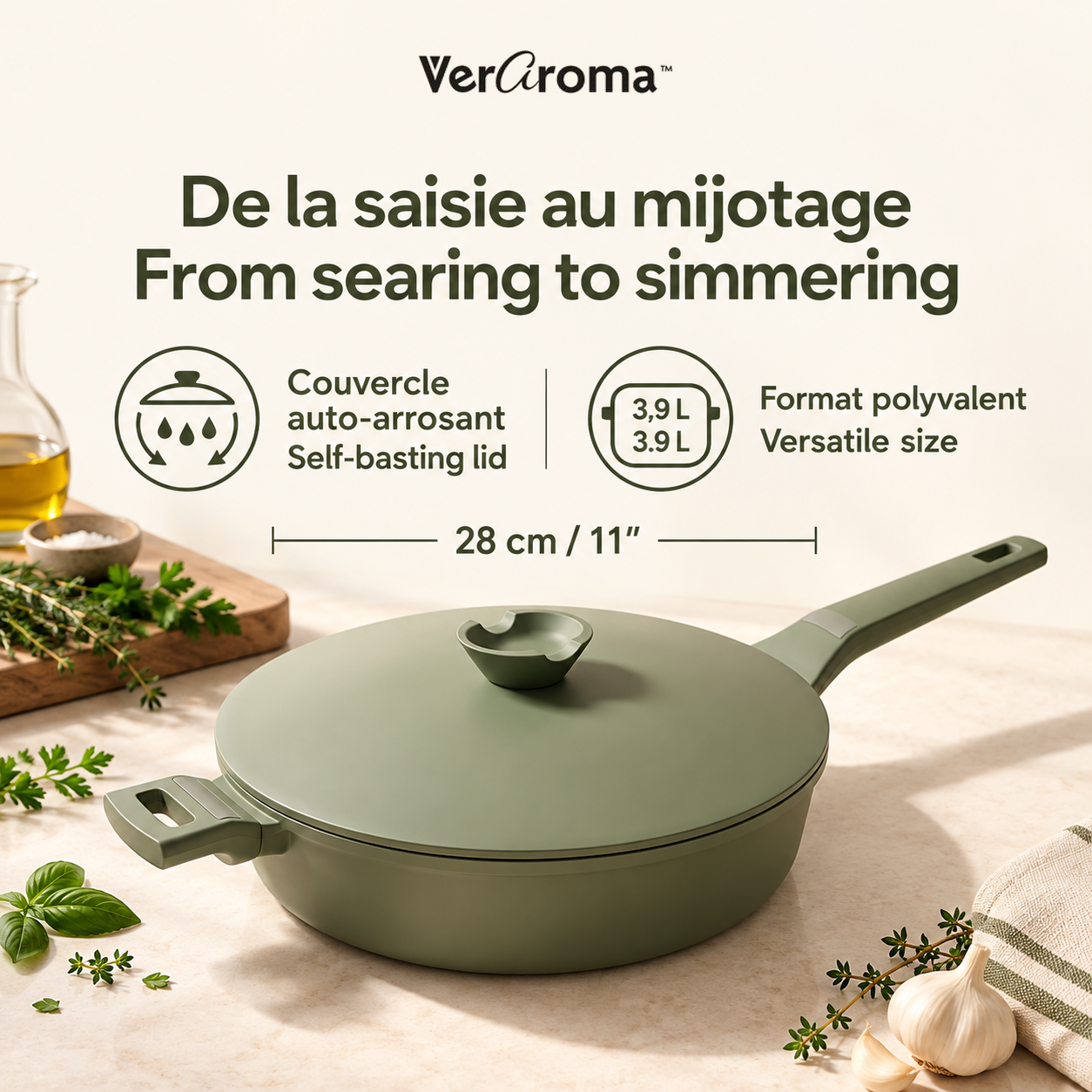 VerAroma Faitout en céramique moulé sous pression avec couvercle auto-arrosant, 28 cm, 3,9 L, Vert sauge - Simple Boutique