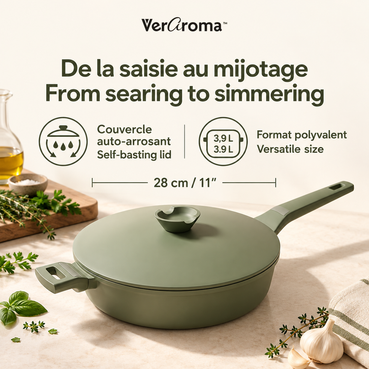VerAroma Faitout en céramique moulé sous pression avec couvercle auto-arrosant, 28 cm, 3,9 L, Vert sauge - Simple Boutique