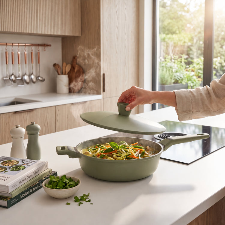 VerAroma Faitout en céramique moulé sous pression avec couvercle auto-arrosant, 28 cm, 3,9 L, Vert sauge - Simple Boutique