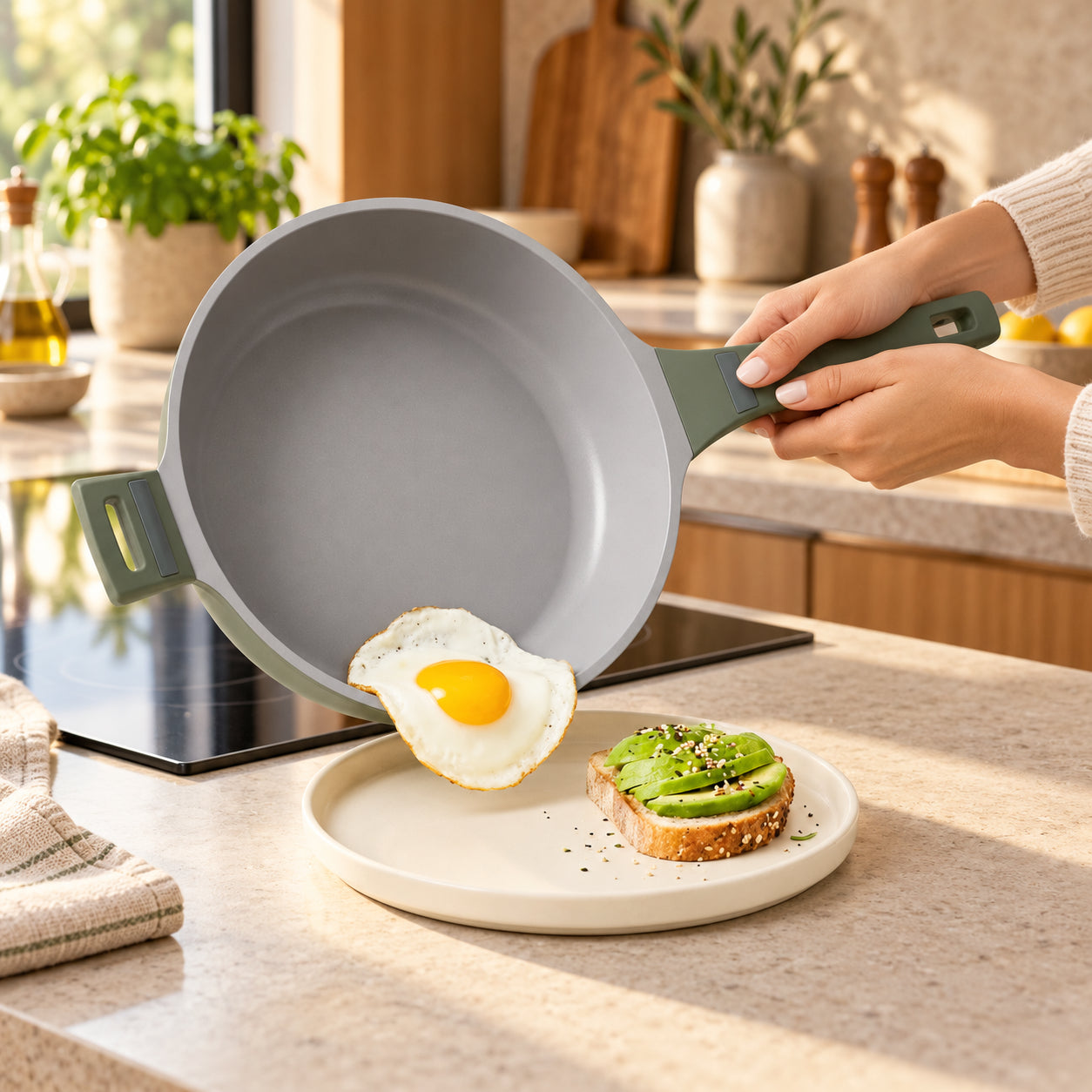 VerAroma Faitout en céramique moulé sous pression avec couvercle auto-arrosant, 28 cm, 3,9 L, Vert sauge - Simple Boutique