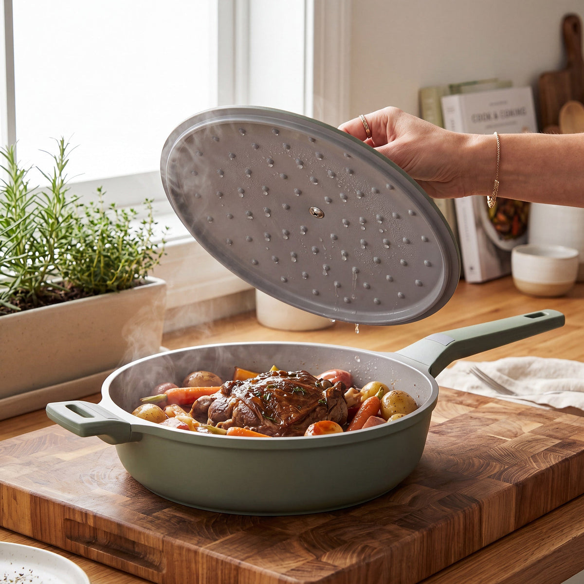 VerAroma Faitout en céramique moulé sous pression avec couvercle auto-arrosant, 28 cm, 3,9 L, Vert sauge - Simple Boutique