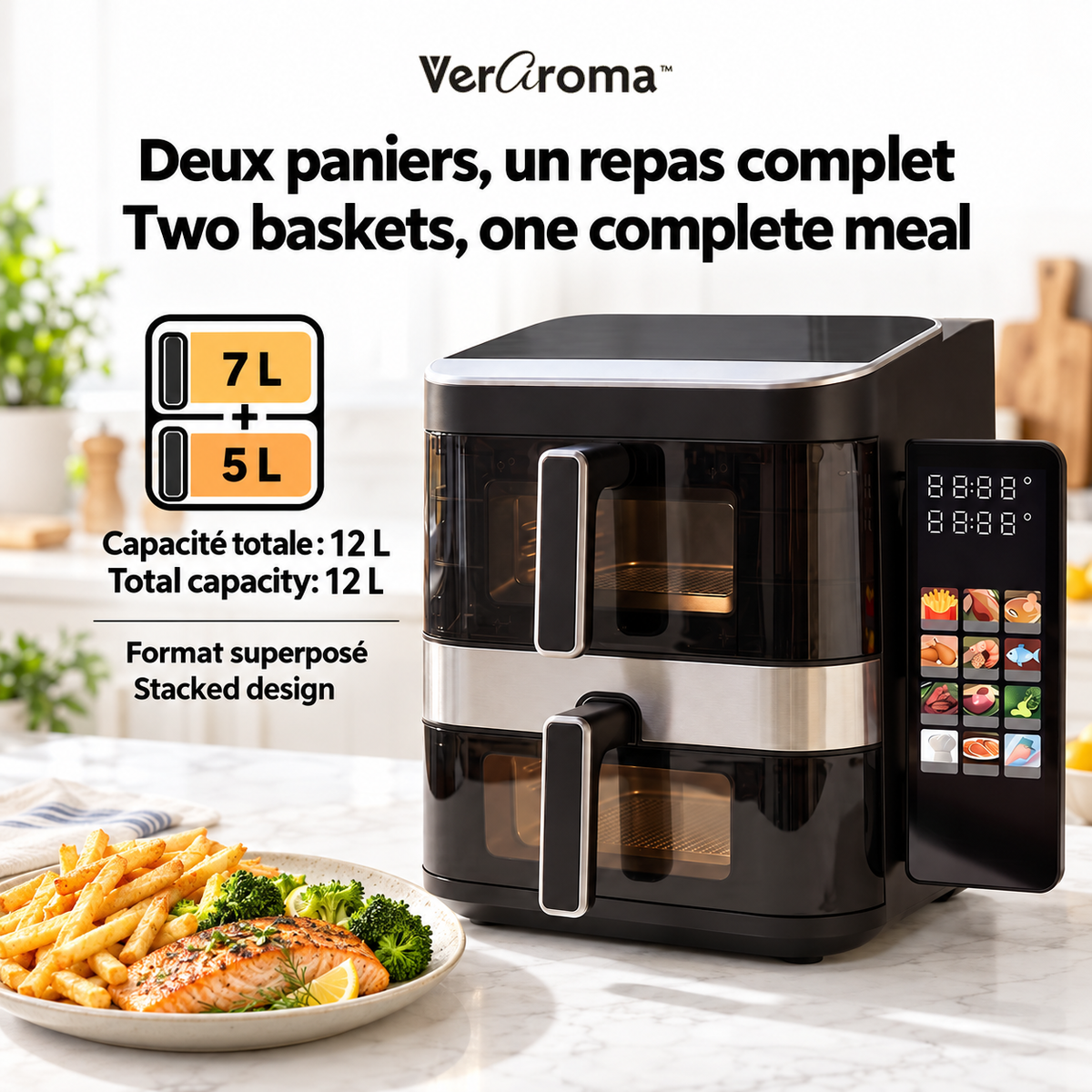 VerAroma Friteuse à air numérique à double panier, 12 L, 7 L + 5 L, avec écran tactile couleur intuitif haute résolution - Simple Boutique
