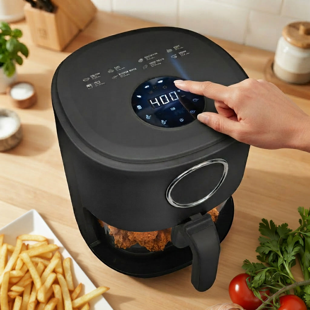 VerAroma Friteuse à air numérique avec panier en verre trempé, 4 L, noire - Simple Boutique