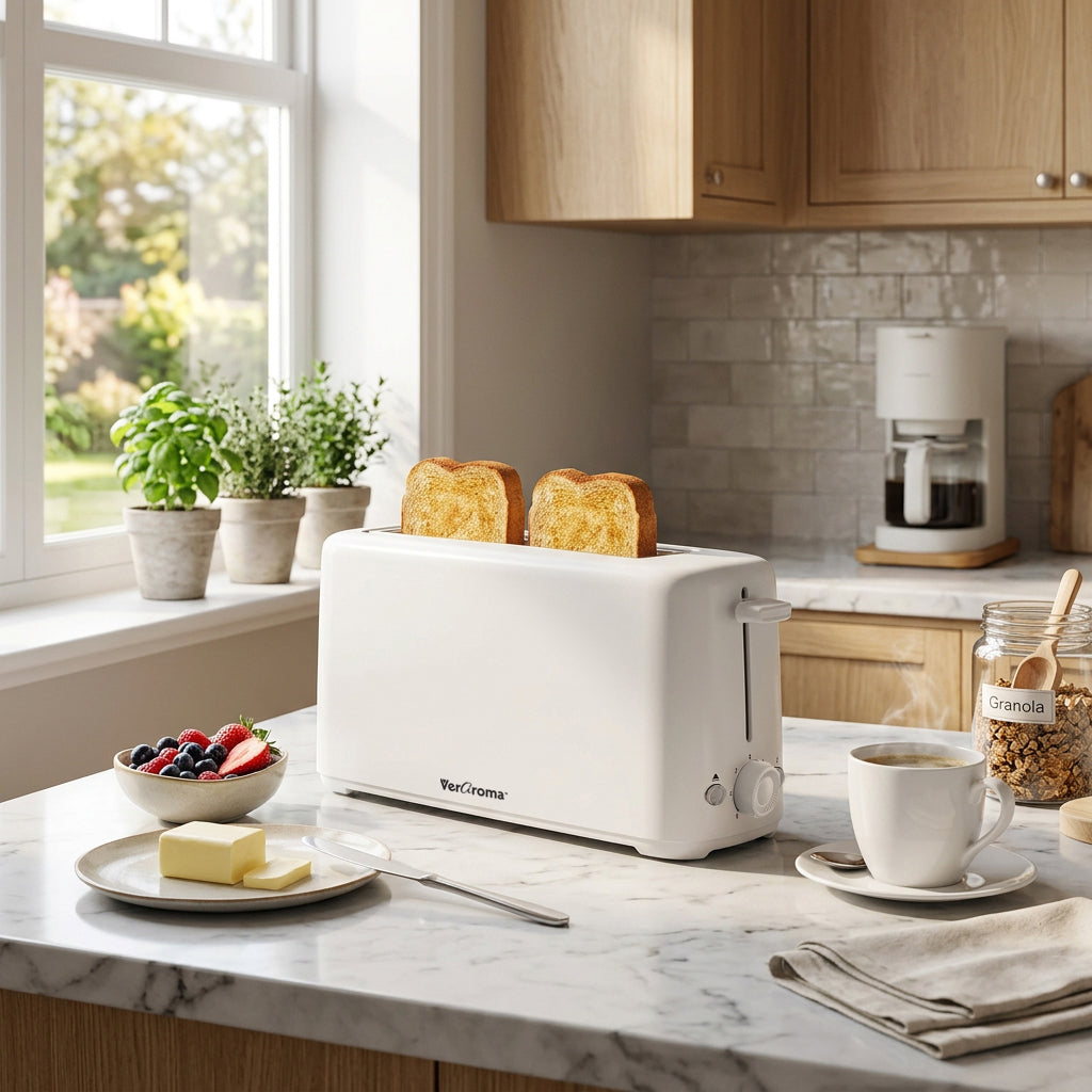 VerAroma Grille-pain compact et mince à fente longue, 2 tranches, blanc, 850 W - Simple Boutique