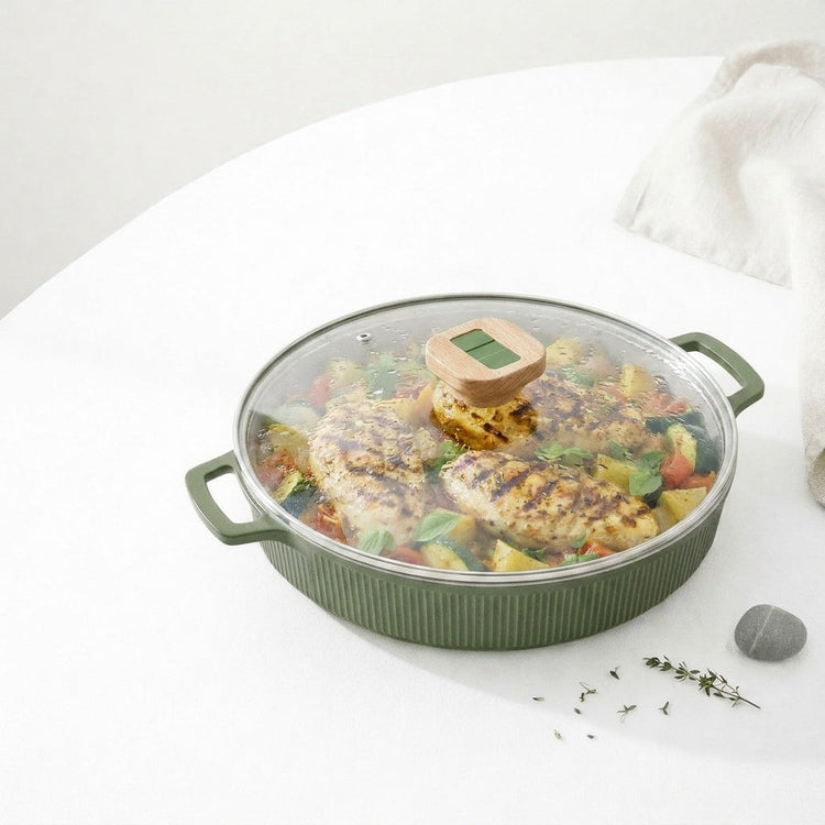 VerAroma Poêle à frire en céramique cannelée en fonte avec couvercle en verre, 28 cm, 4,2 L - Simple Boutique