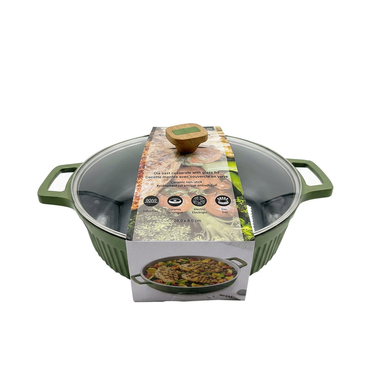 VerAroma Poêle à frire en céramique cannelée en fonte avec couvercle en verre, 28 cm, 4,2 L, Vert olive - emballage - Simple Boutique