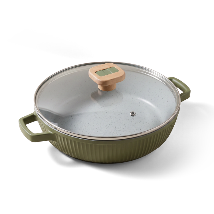 VerAroma Poêle à frire en céramique cannelée en fonte avec couvercle en verre, 28 cm, 4,2 L - Simple Boutique
