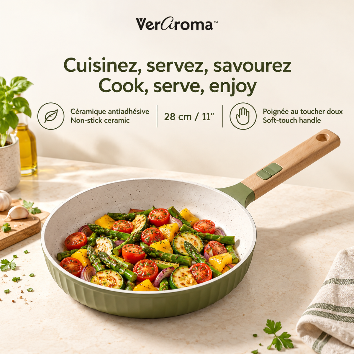 VerAroma Poêle à frire évasée en céramique cannelée en fonte, 28 cm, Vert olive - Simple Boutique