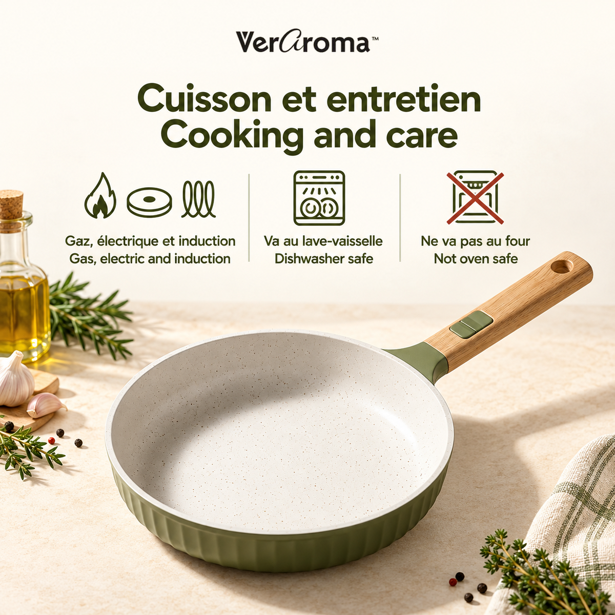 VerAroma Poêle à frire évasée en céramique cannelée en fonte, 28 cm, Vert olive - Simple Boutique