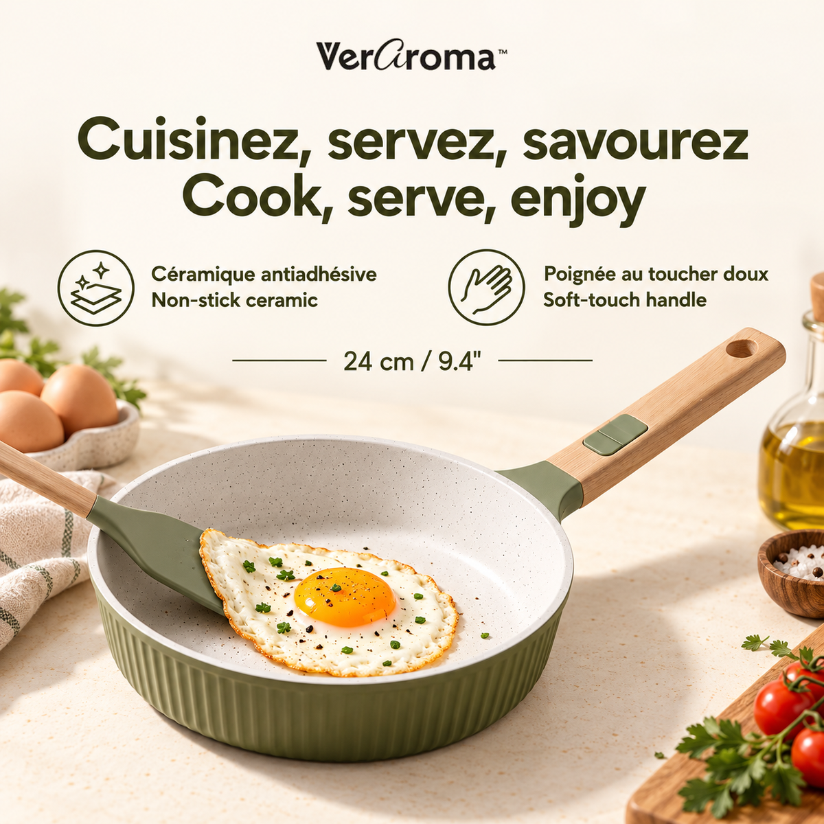 VerAroma Poêle ouverte en céramique cannelée en fonte, 24 cm, Vert olive - Simple Boutique