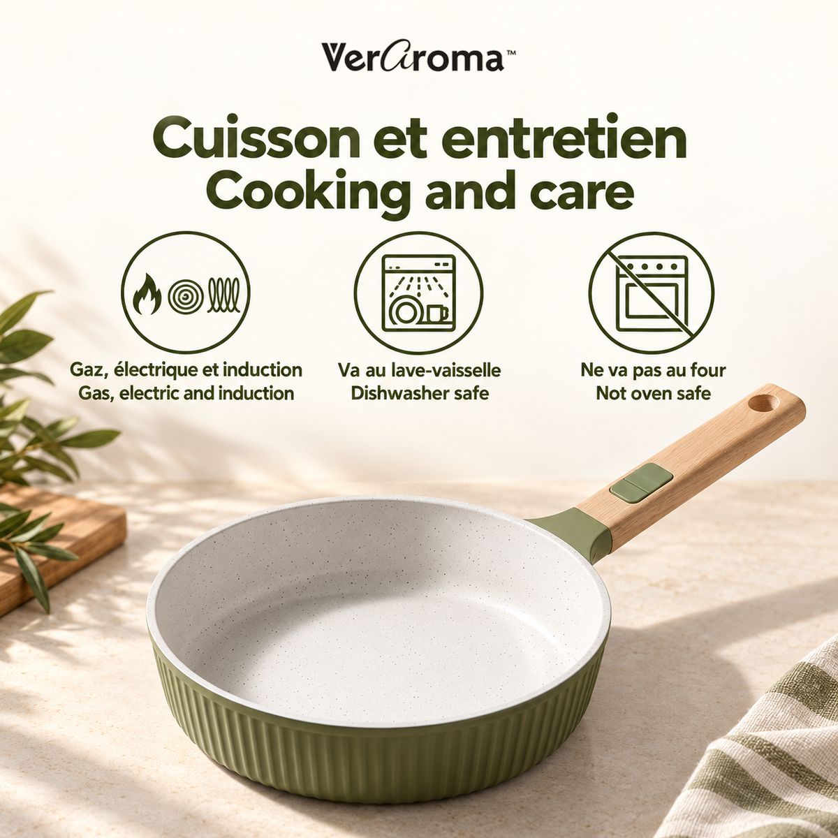VerAroma Poêle ouverte en céramique cannelée en fonte, 24 cm, Vert olive - Simple Boutique