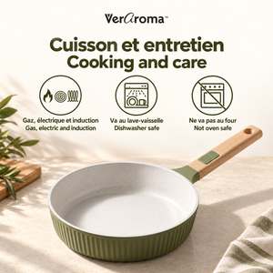 VerAroma Poêle ouverte en céramique cannelée en fonte, 24 cm, Vert olive - Simple Boutique