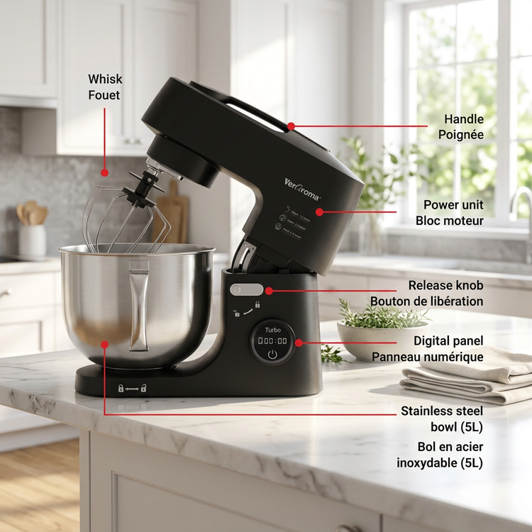 VerAroma Robot pâtissier multifonction avec écran tactile numérique, tête inclinable, 5L - Simple Boutique