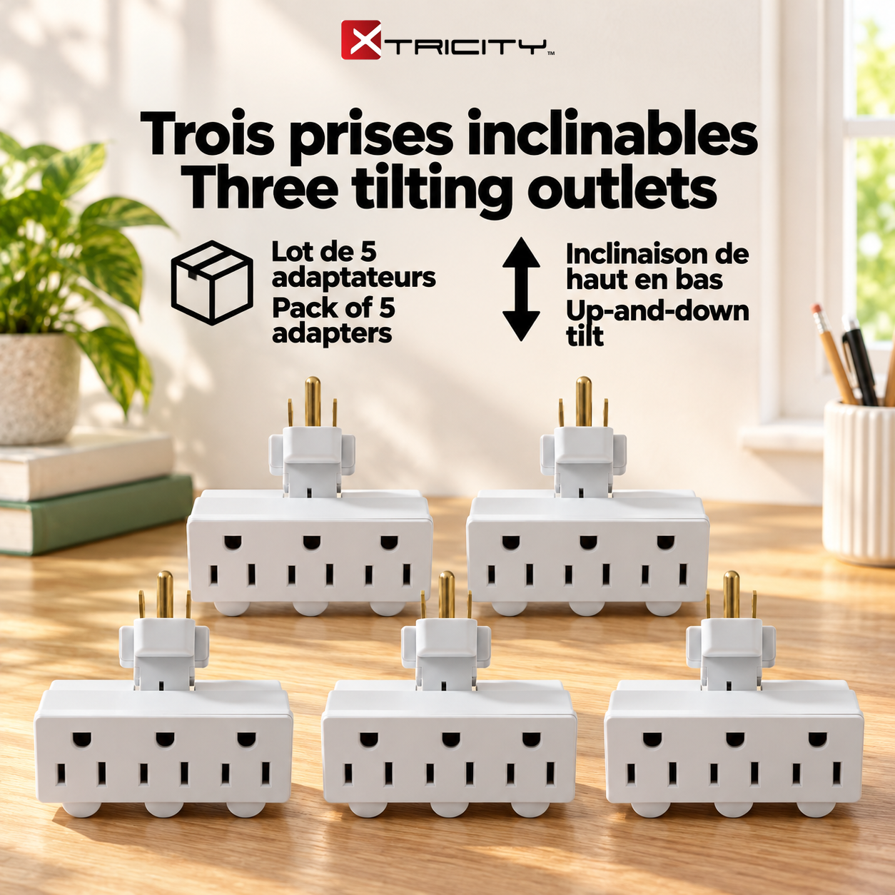 Xtricity Adaptateur triple à prises inclinables de haut en bas - Lot de 5 - Simple Boutique