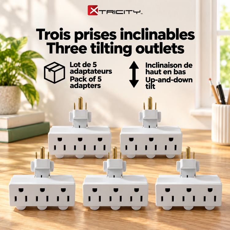 Xtricity Adaptateur triple à prises inclinables de haut en bas - Lot de 5 - Simple Boutique