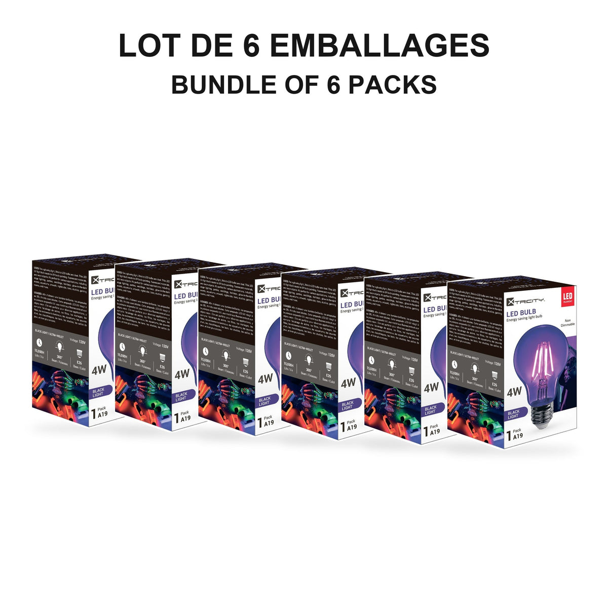 Xtricity Ampoule DEL A19 - 4 W, lumière noire - Lot de 6 - emballage - Simple Boutique