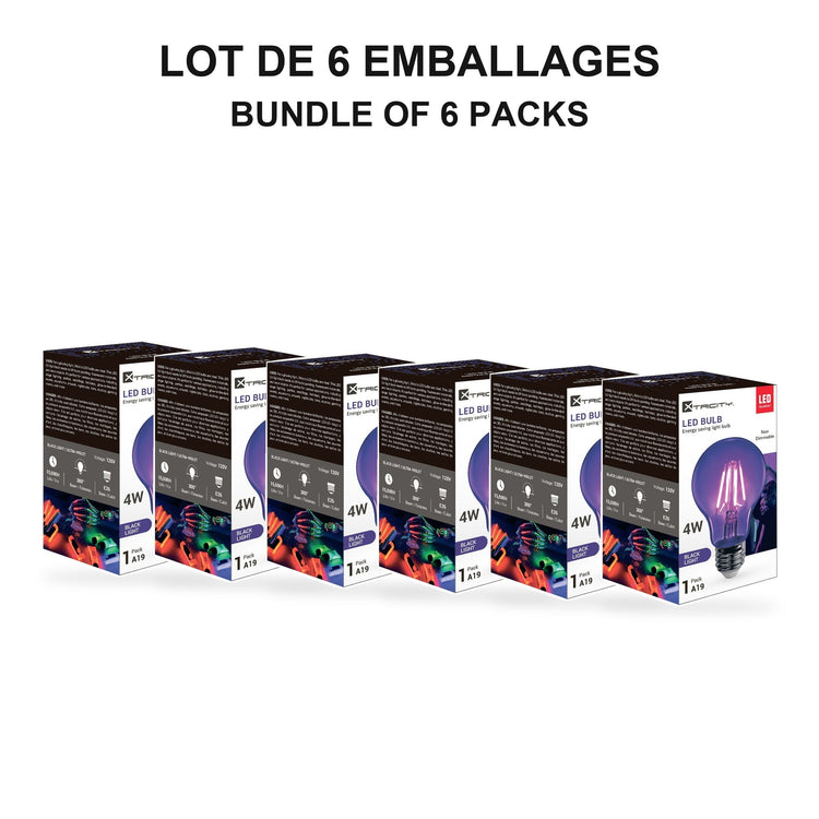 Xtricity Ampoule DEL A19 - 4 W, lumière noire - Lot de 6 - emballage - Simple Boutique
